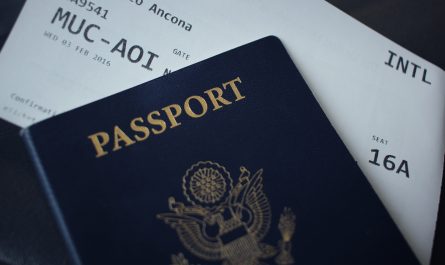pasaporte azul con el pase de abordar entre las páginas